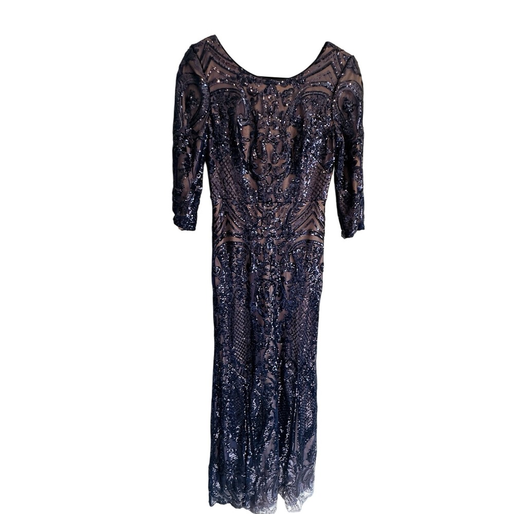 Alex Evenings Sequin Fit and Flare Long Dress Sz4 Prom Mother of Bride Navy Nude